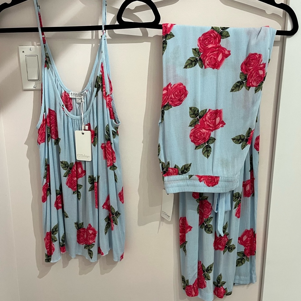 PJ Salvage Blue and Red Floral Crepe Pajama Set